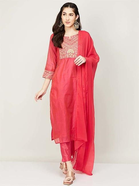 melange by lifestyle pink embroidered kurta pant set with dupatta