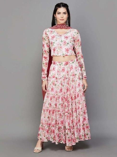 melange by lifestyle pink floral print crop top skirt set with dupatta