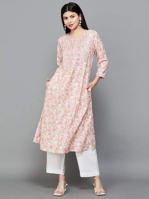 melange by lifestyle pink floral print straight kurta