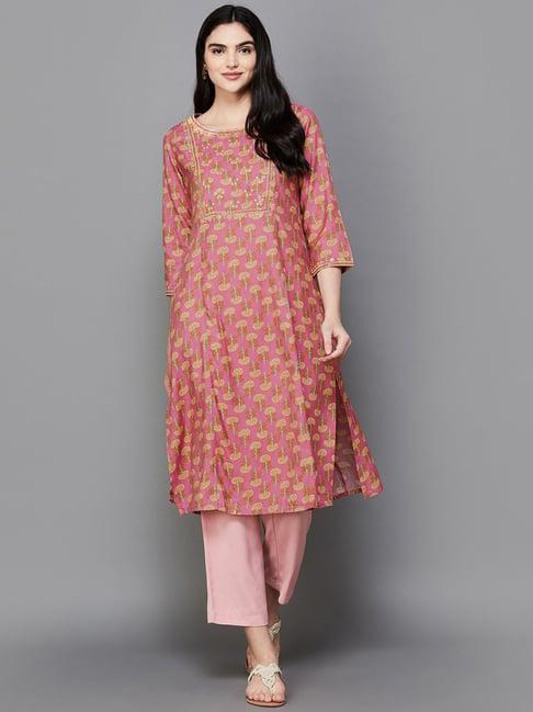 melange by lifestyle pink floral print straight kurta