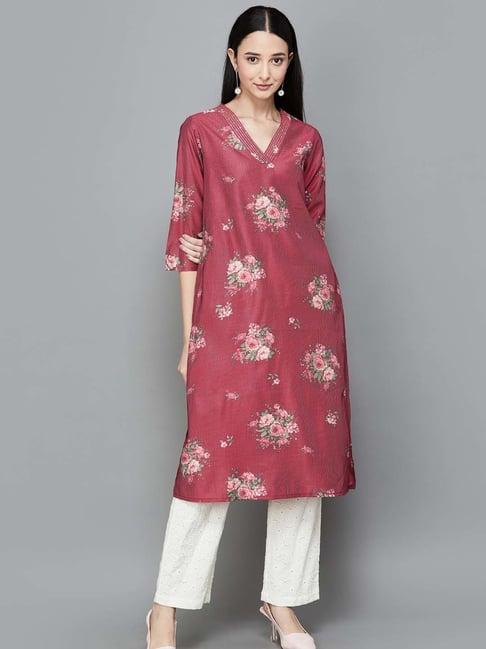 melange by lifestyle pink floral print straight kurta