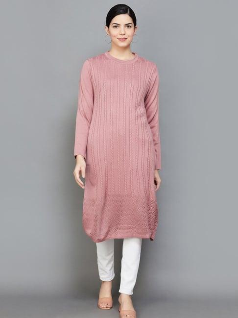 melange by lifestyle pink knitted straight kurta