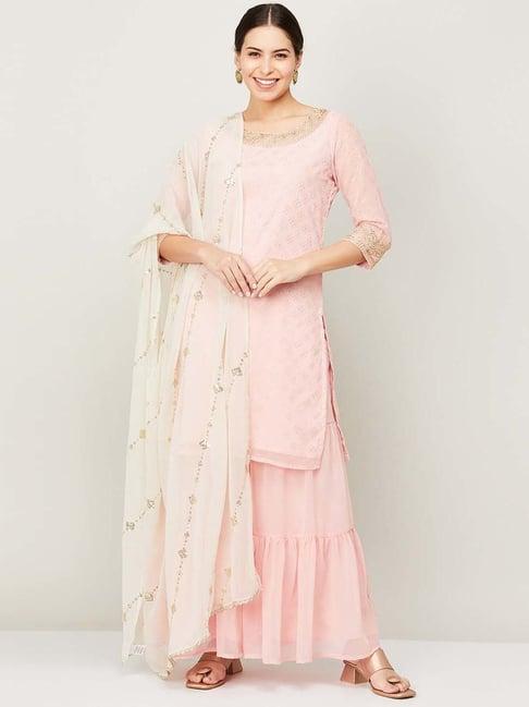 melange by lifestyle pink printed kurta sharara set with dupatta