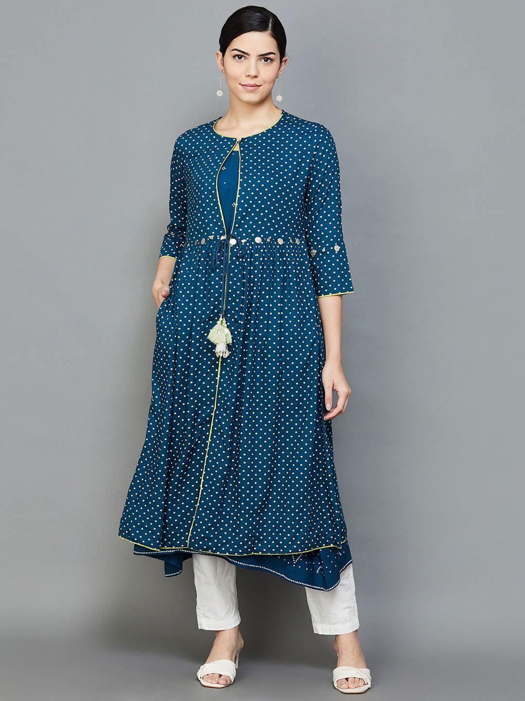 melange by lifestyle polka dot printed layered a-line kurta with trousers