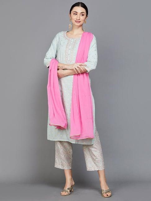 melange by lifestyle powder blue & grey woven pattern kurta pant set with dupatta