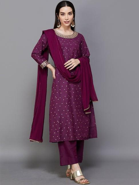 melange by lifestyle purple embroidered kurta pant set with dupatta