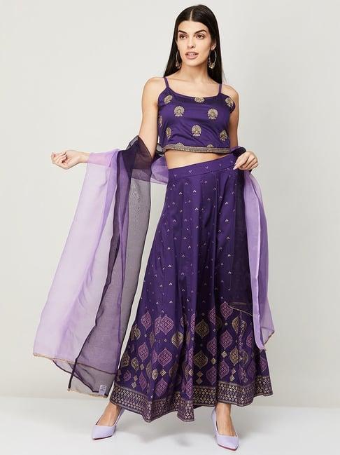 melange by lifestyle purple zari work top skirt set with dupatta