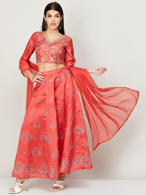 melange by lifestyle red embroidered top skirt set with dupatta