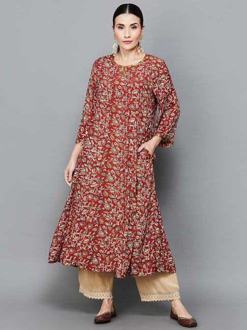 melange by lifestyle red floral print anarkali kurta