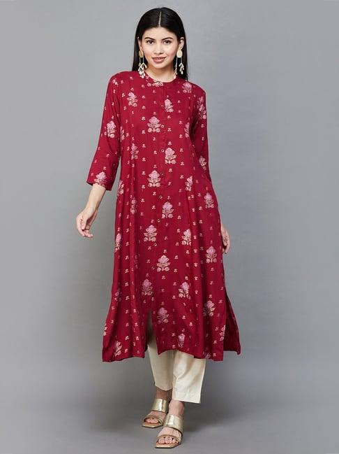 melange by lifestyle red floral print straight kurta