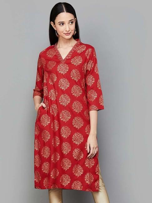 melange by lifestyle red floral print straight kurta