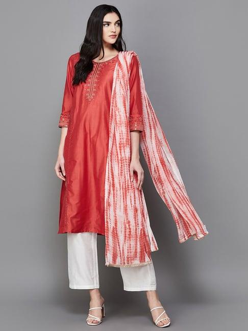 melange by lifestyle rust & white embroidered kurta pant set with dupatta