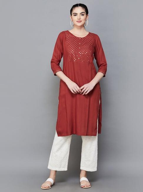 melange by lifestyle rust rayon embellished kurta