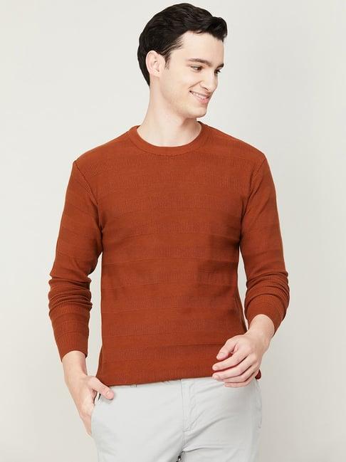 melange by lifestyle rust regular fit round neck self design sweater