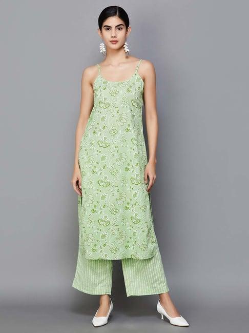 melange by lifestyle sage green cotton floral print kurta palazzo set