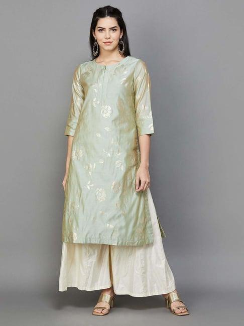 melange by lifestyle sage green woven pattern straight kurta