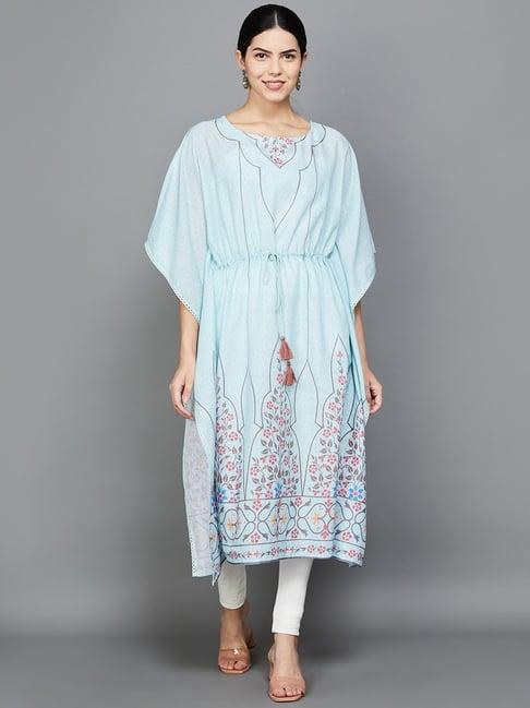 melange by lifestyle sky blue cotton printed a line kaftan