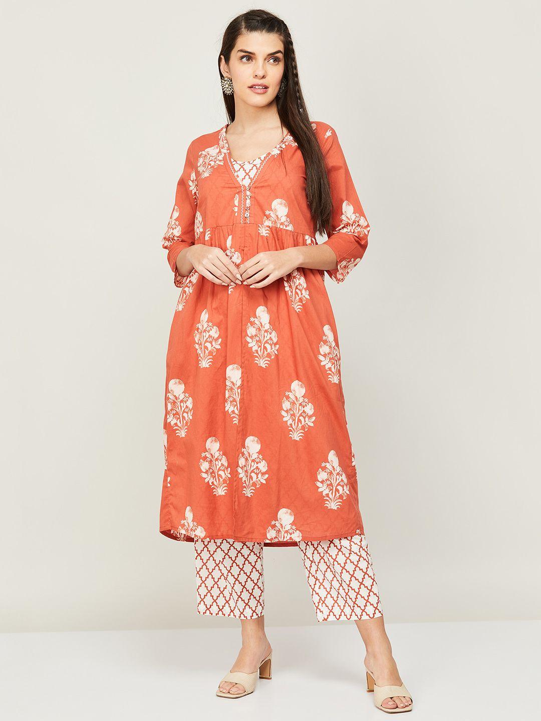 melange by lifestyle sleeveless floral printed pure cotton kurta with trousers & jacket