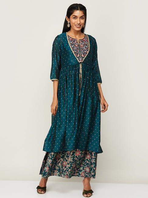 melange by lifestyle teal blue embroidered top palazzo set with jacket
