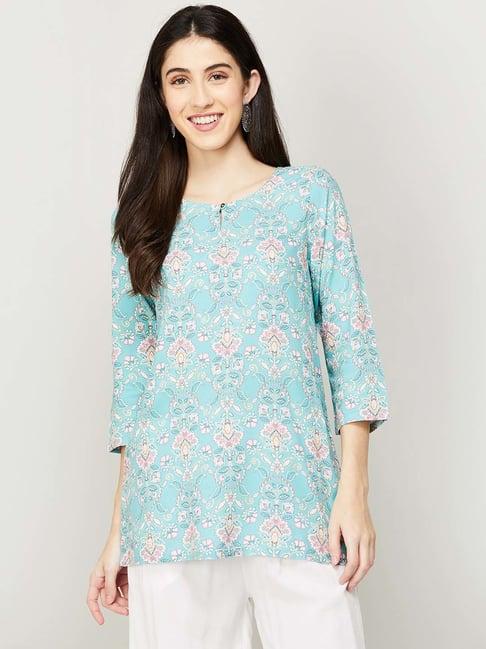 melange by lifestyle teal blue printed tunic