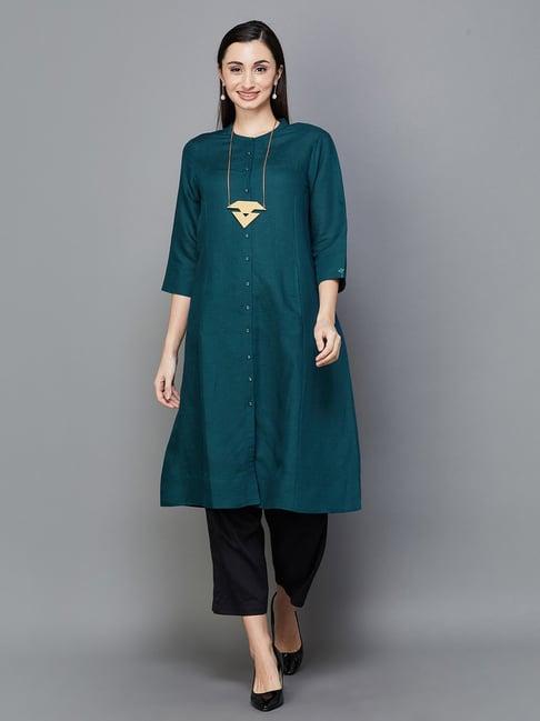 melange by lifestyle teal linen regular fit kurta