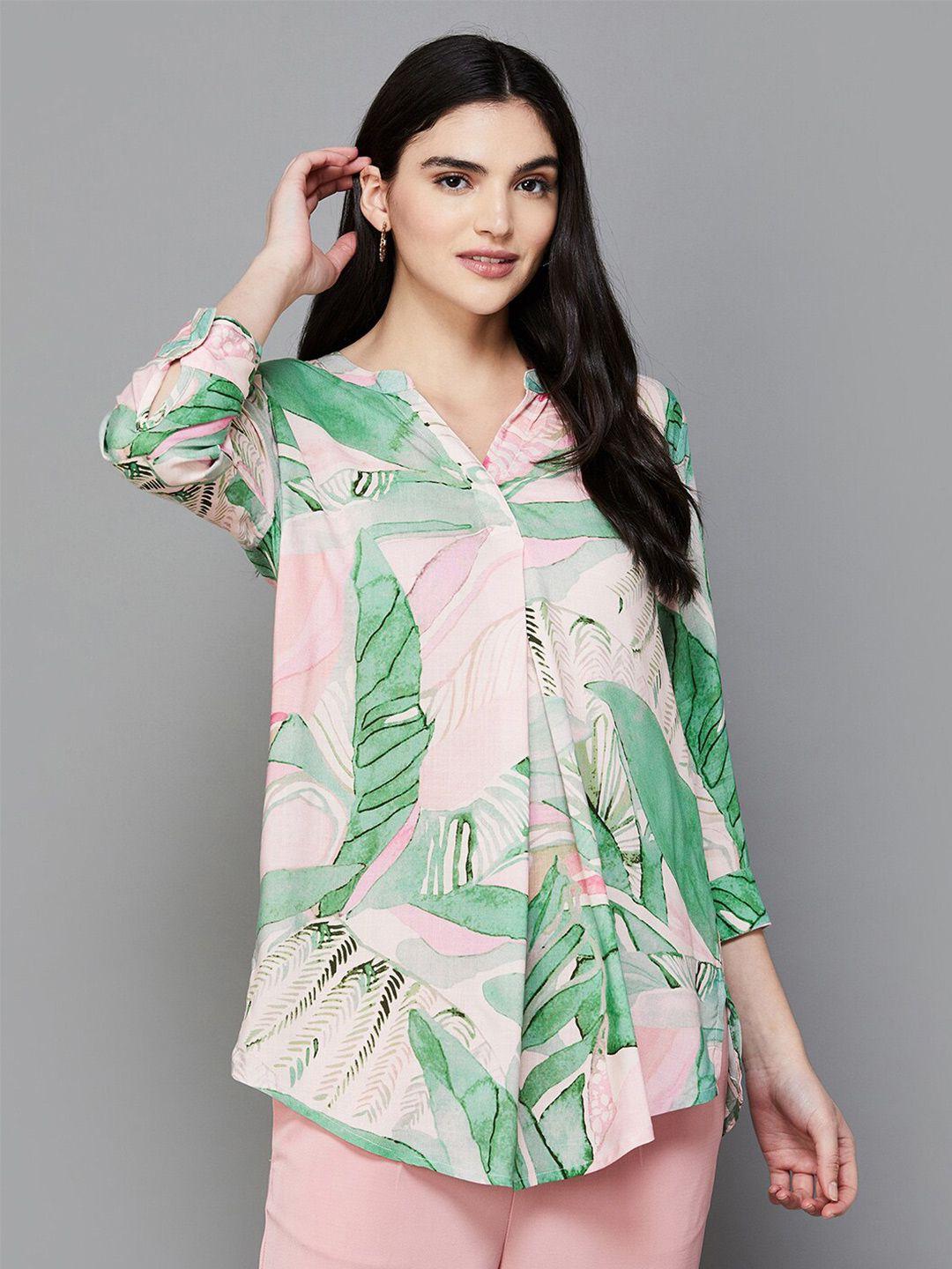 melange by lifestyle tropical printed mandarin collar tunic