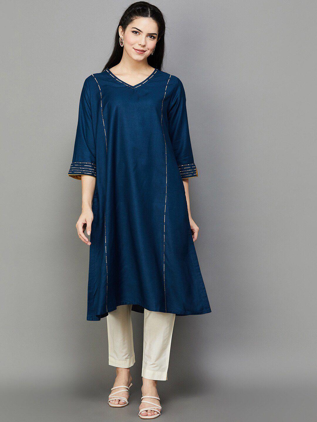 melange by lifestyle v-neck a-line silk kurta