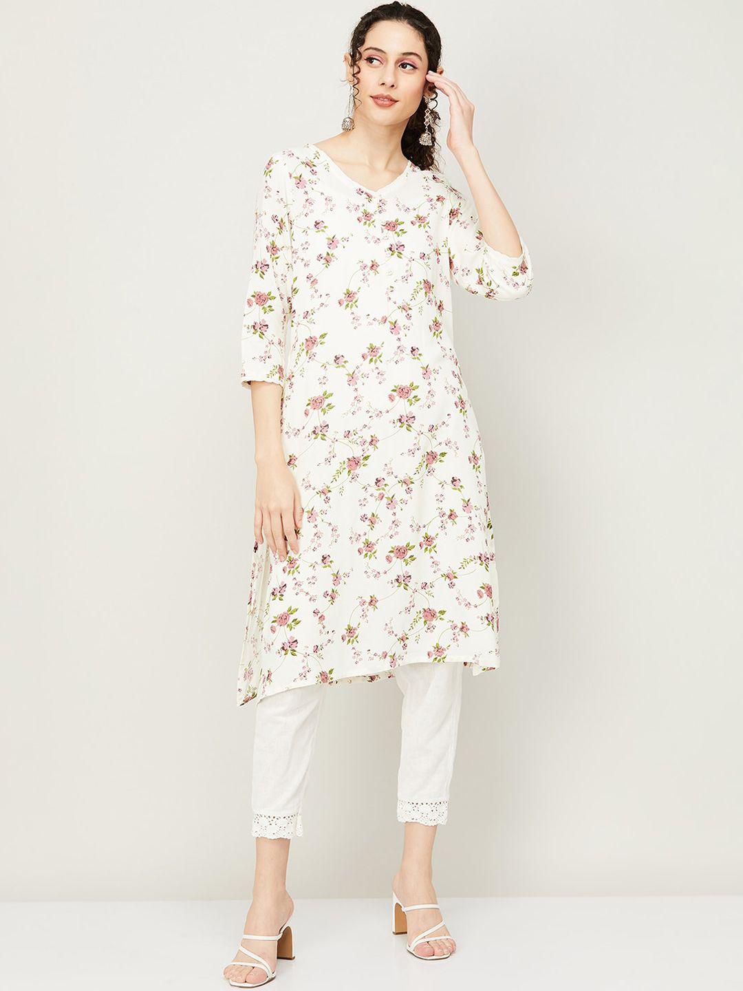 melange by lifestyle v-neck floral printed straight kurta