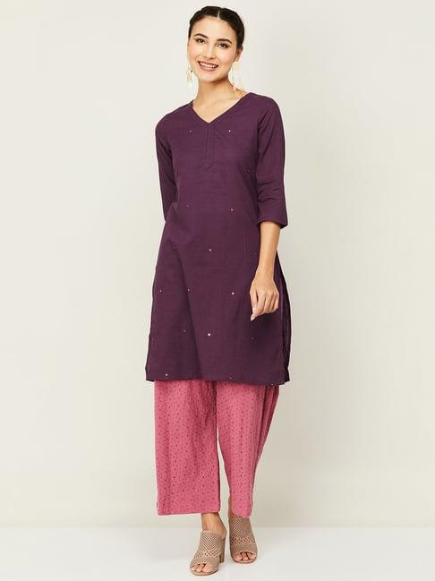 melange by lifestyle violet cotton embroidered kurta