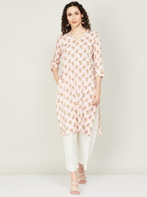 melange by lifestyle white & pink floral print straight kurta