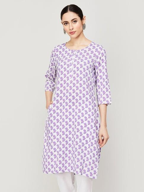 melange by lifestyle white & purple rayon floral print kurta