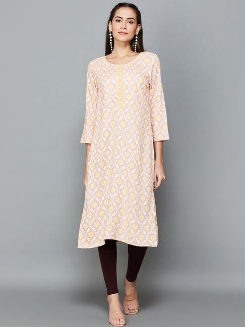 melange by lifestyle white & yellow printed straight kurta