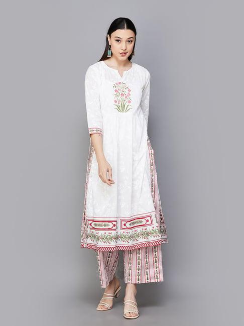 melange by lifestyle white cotton floral print kurta with trousers