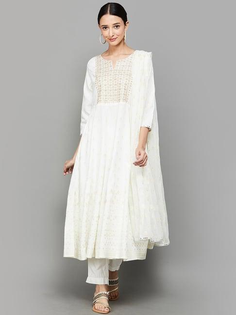 melange by lifestyle white embroidered kurta pant set with dupatta