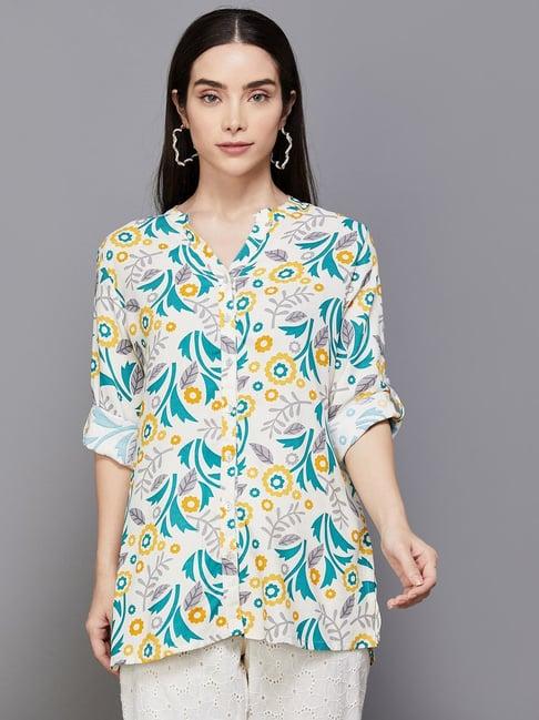 melange by lifestyle white floral print straight kurti