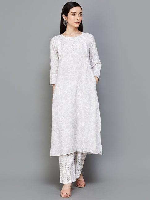 melange by lifestyle white printed straight kurta