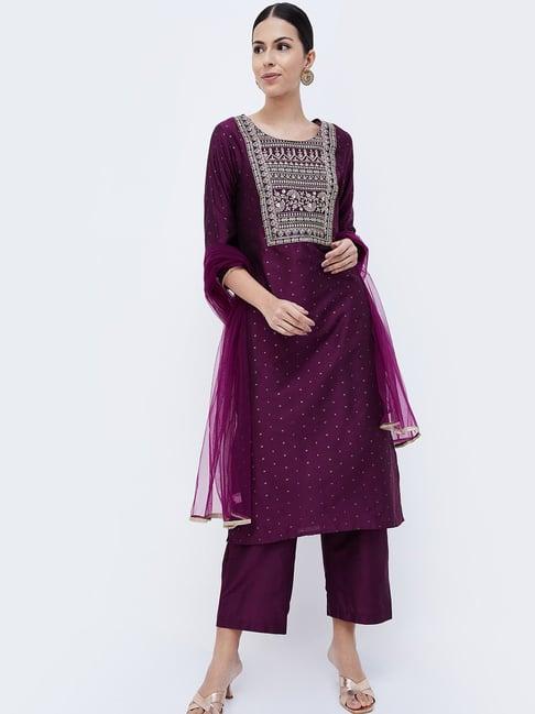 melange by lifestyle wine embroidered kurta with pants & dupatta