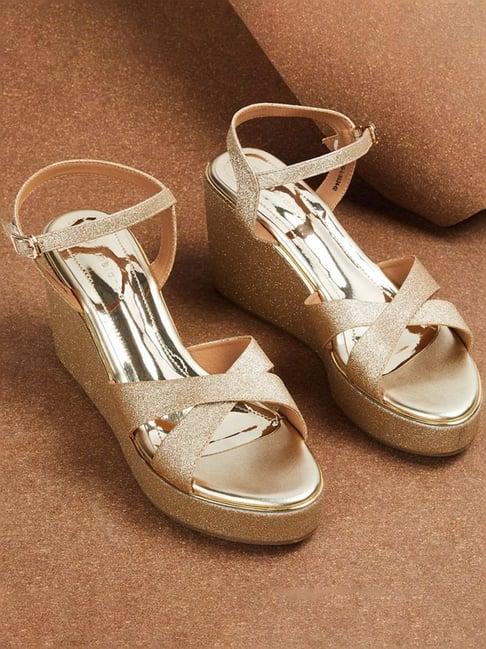 melange by lifestyle women's gold ankle strap wedges