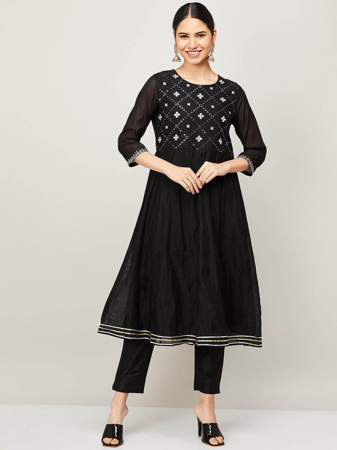 melange by lifestyle women black floral yoke design pleated kurta with trousers & dupatta