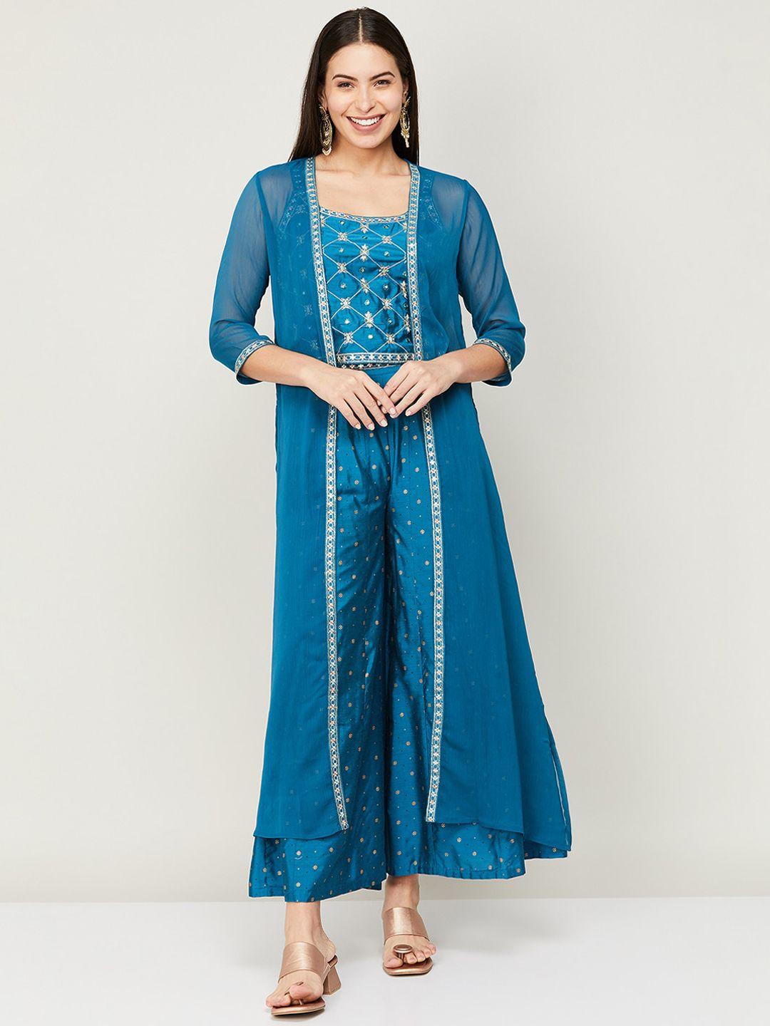 melange by lifestyle women blue ethnic motifs yoke design panelled kurti with salwar & with dupatta