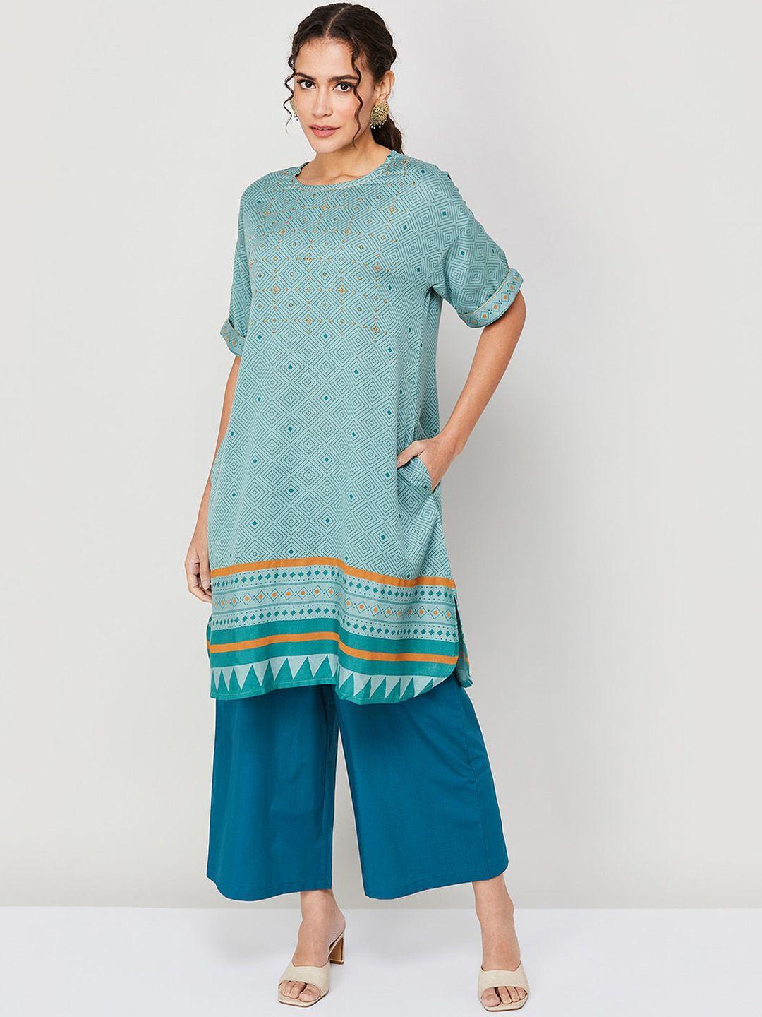 melange by lifestyle women blue geometric sequinned kurta