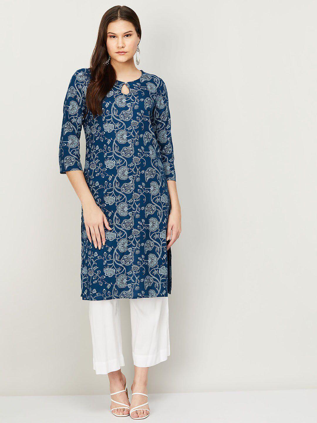 melange by lifestyle women blue paisley printed keyhole neck kurta