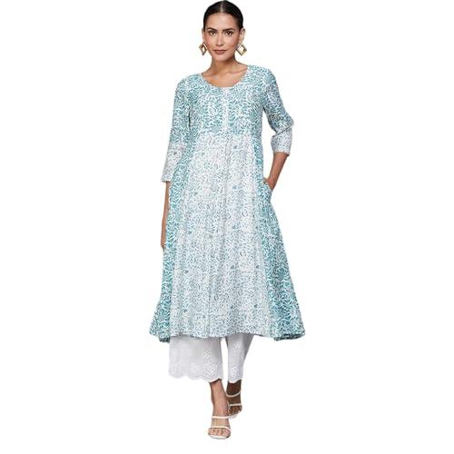 melange by lifestyle women blue polyester regular fit printed kurta_m