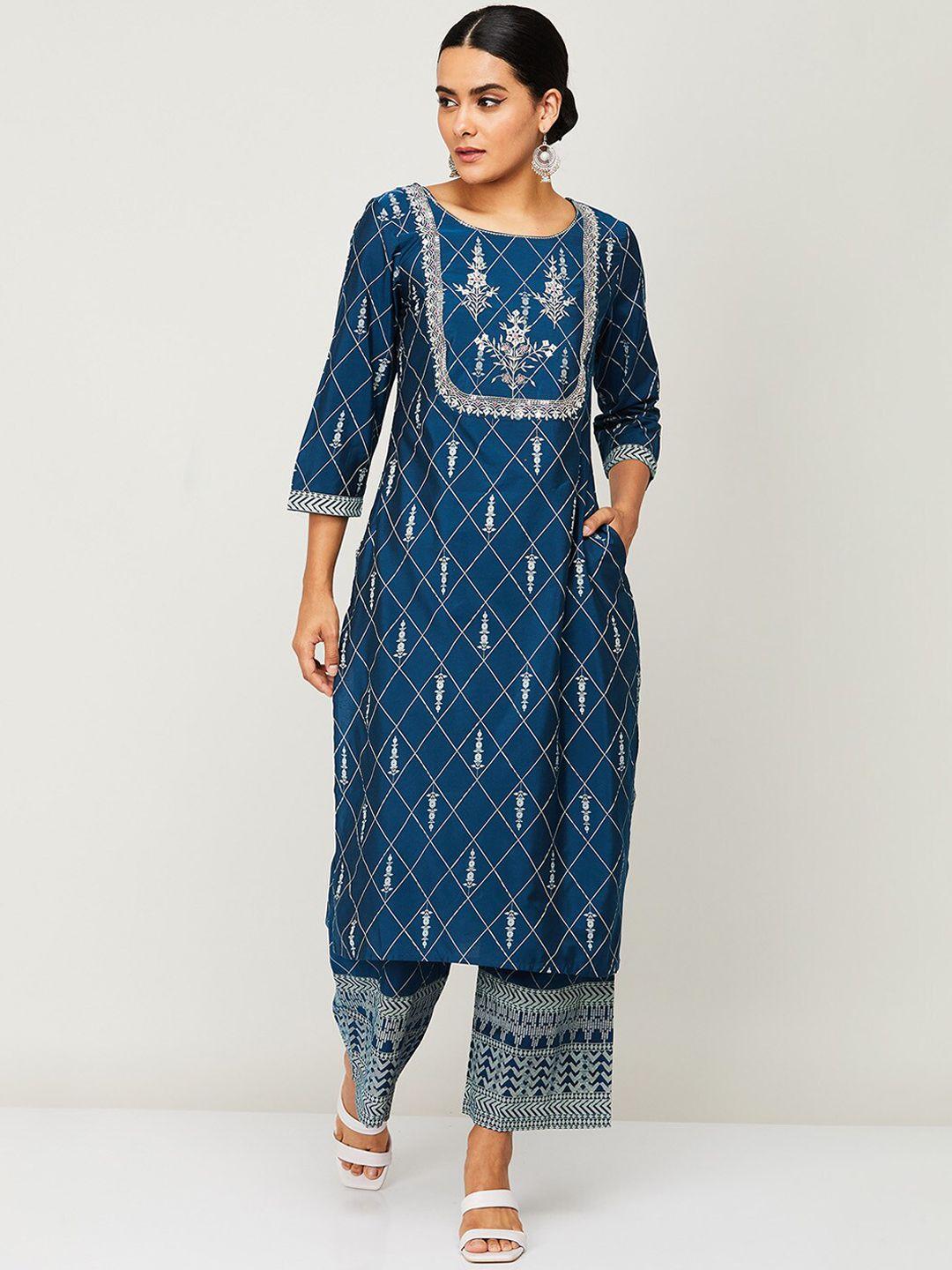 melange by lifestyle women blue yoke design kurta with palazzo