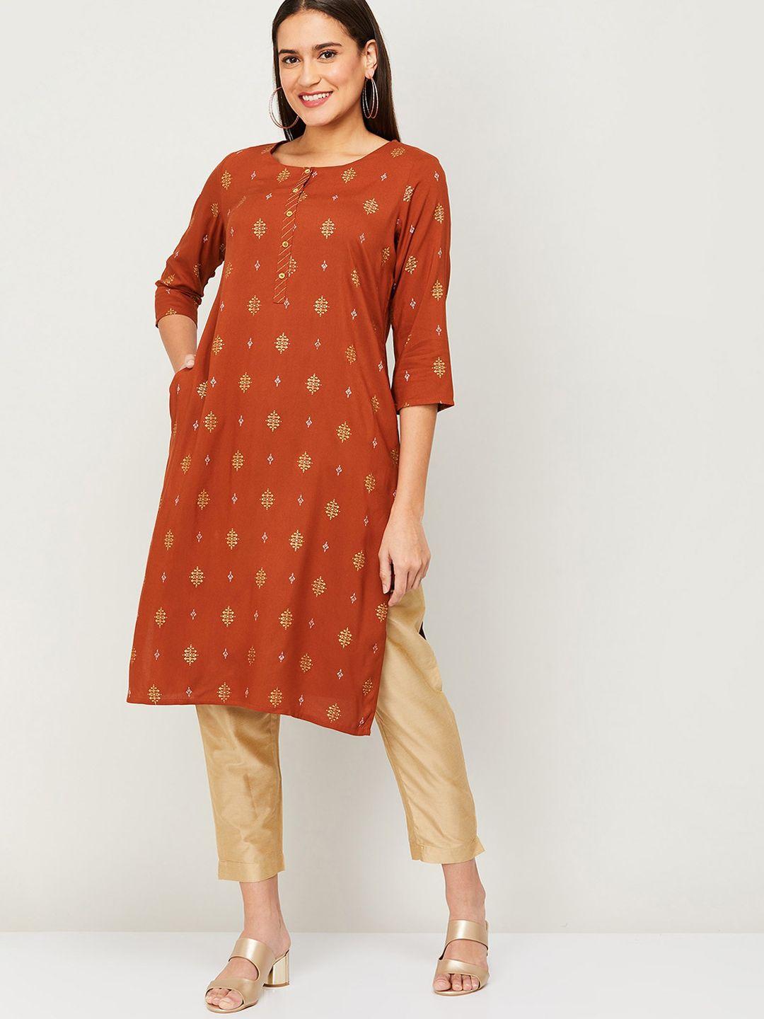 melange by lifestyle women brown & beige geometric printed kurta