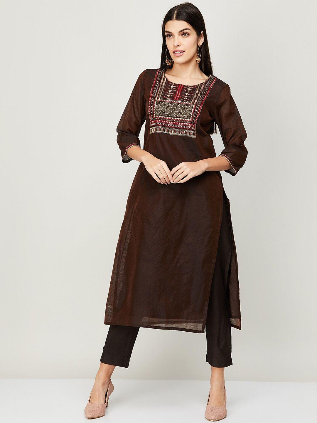 melange by lifestyle women brown embroidered kurta with trouser & dupatta