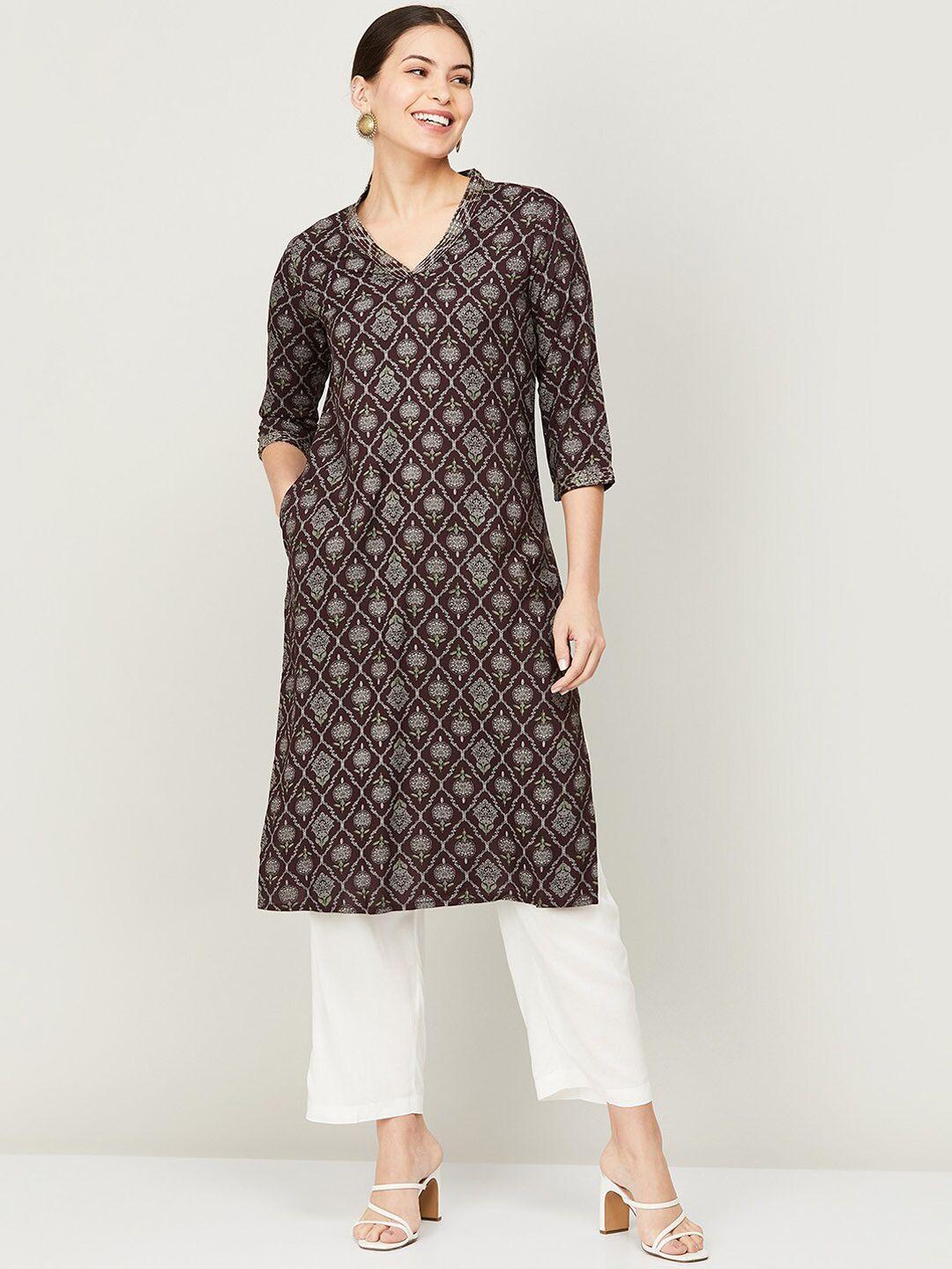 melange by lifestyle women coffee brown & white printed straight kurta with trousers