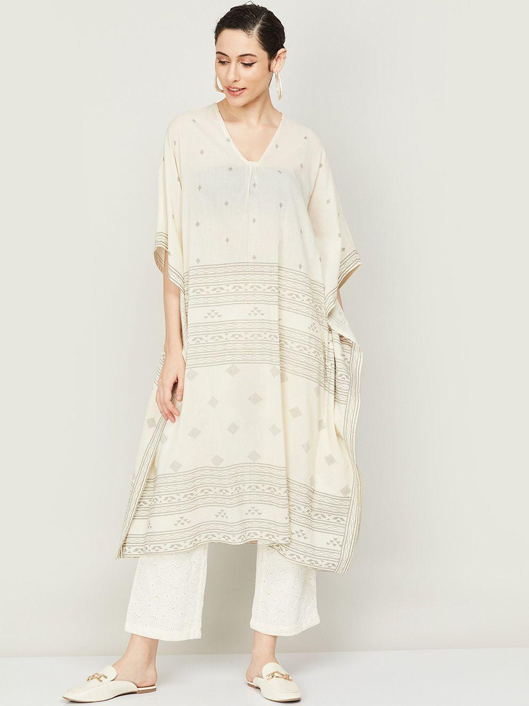 melange by lifestyle women cotton geometric printed flared sleeves kaftan kurta
