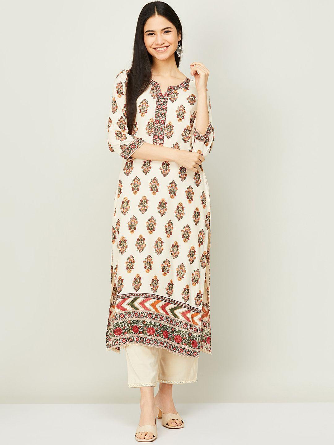 melange by lifestyle women cream-coloured ethnic motifs printed kurta