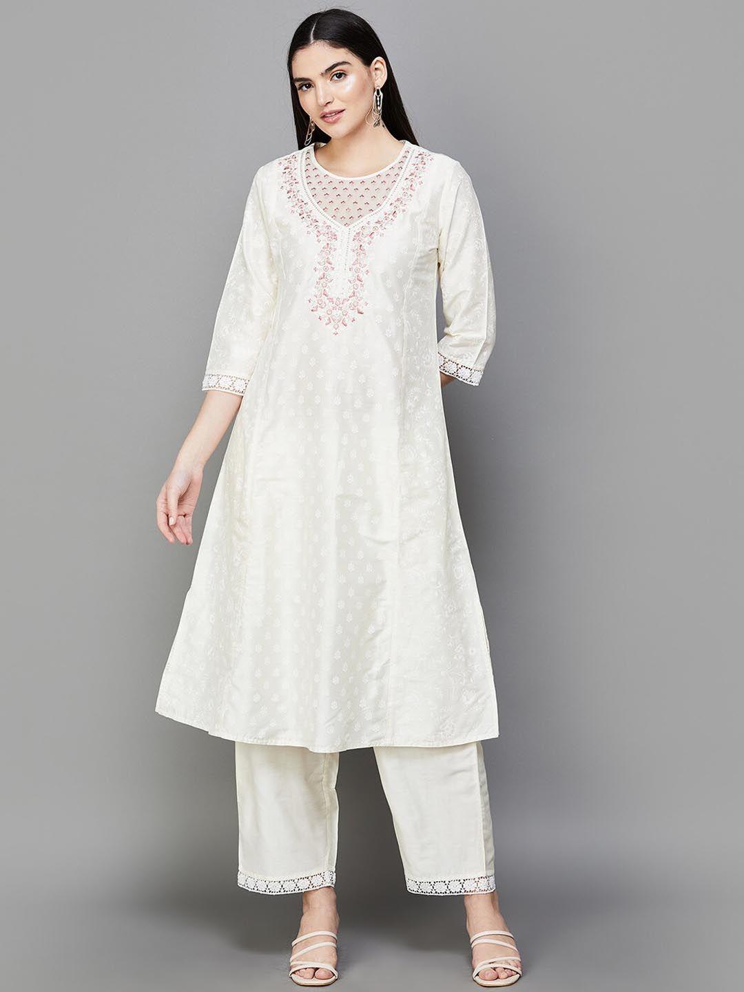 melange by lifestyle women ethnic motifs embroidered regular thread work kurta with palazzos & with dupatta